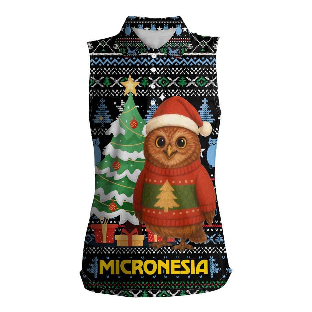 Micronesia Christmas Women Sleeveless Polo Shirt with Santa Owl Christmas Tree Gifts and Snowflake - Wonder Print Shop