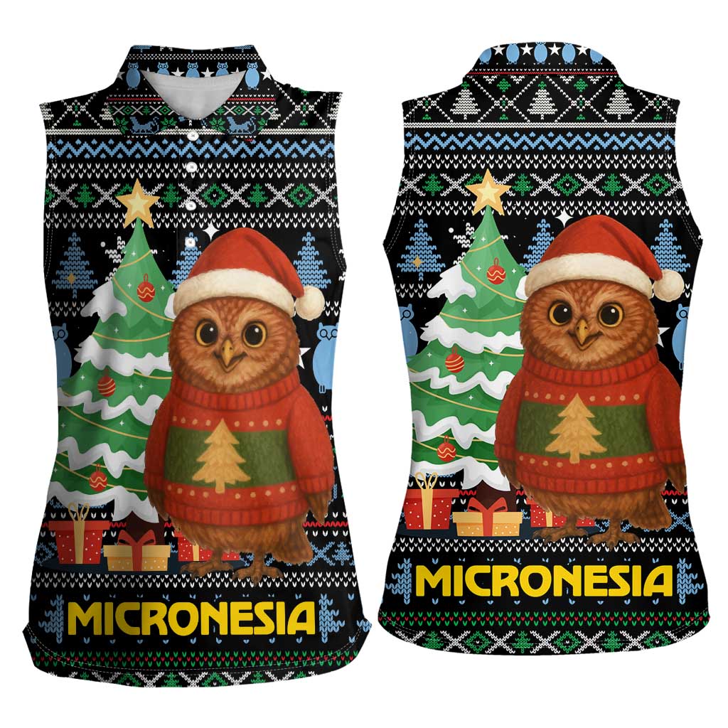 Micronesia Christmas Women Sleeveless Polo Shirt with Santa Owl Christmas Tree Gifts and Snowflake - Wonder Print Shop
