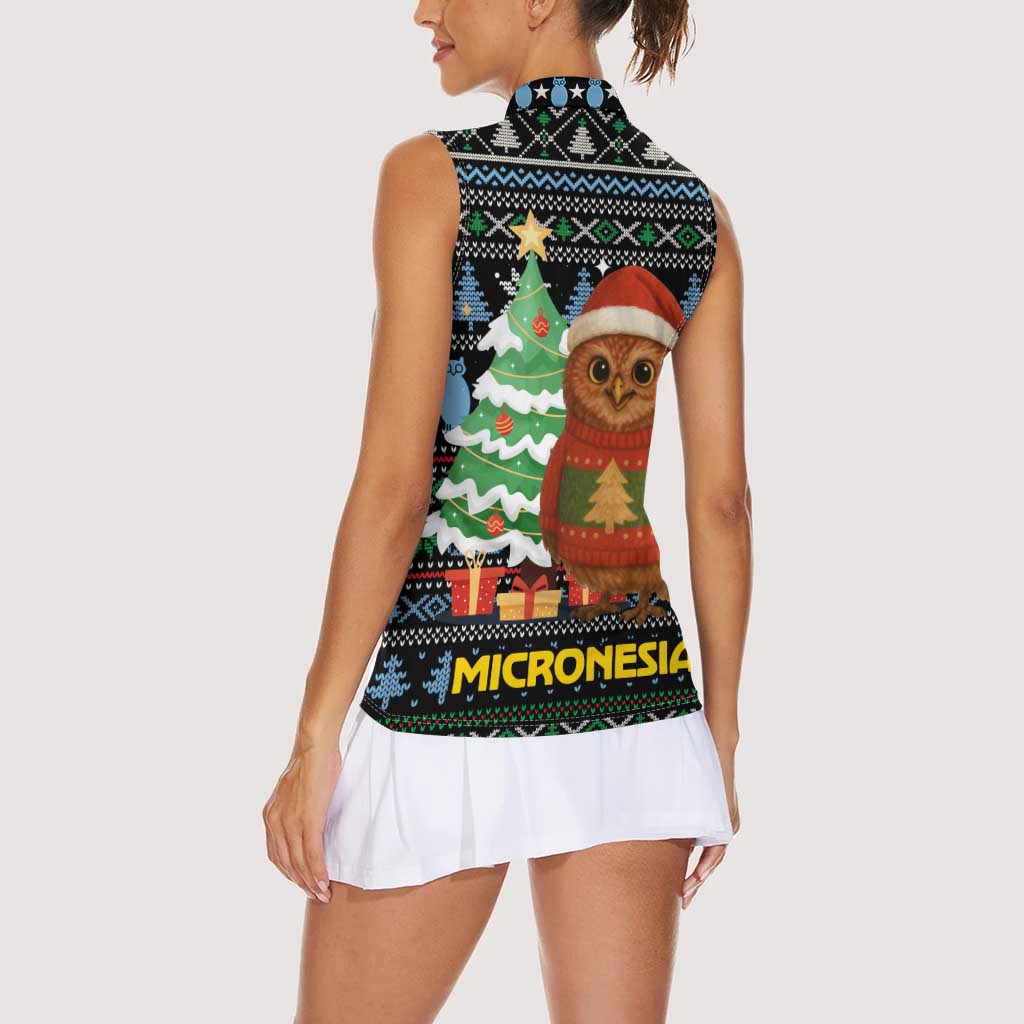 Micronesia Christmas Women Sleeveless Polo Shirt with Santa Owl Christmas Tree Gifts and Snowflake - Wonder Print Shop