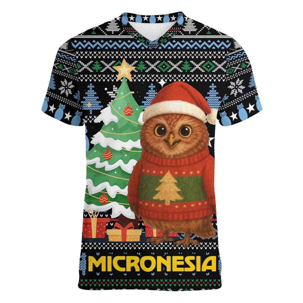 Micronesia Christmas Women V-Neck T-Shirt with Santa Owl Christmas Tree Gifts and Snowflake - Wonder Print Shop
