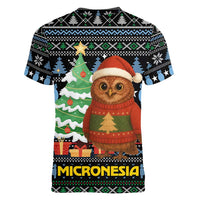 Micronesia Christmas Women V-Neck T-Shirt with Santa Owl Christmas Tree Gifts and Snowflake - Wonder Print Shop