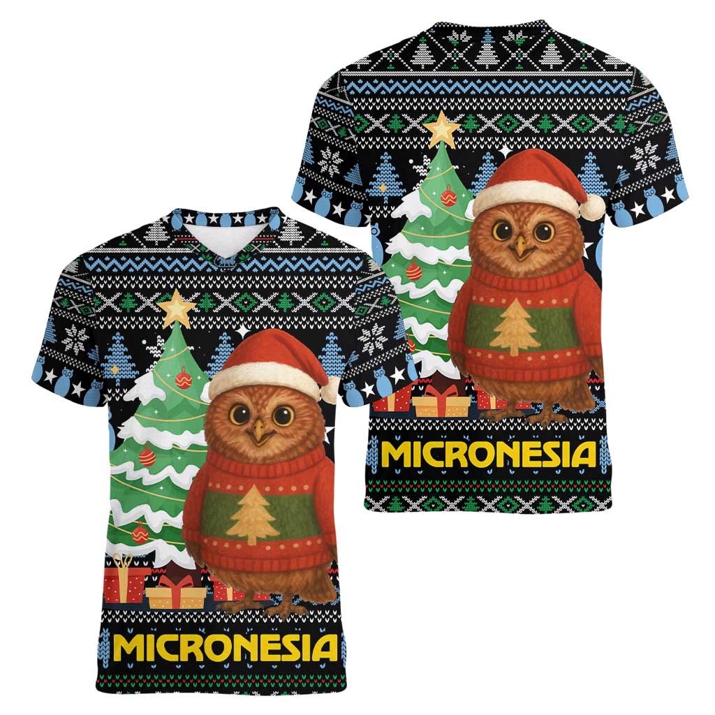 Micronesia Christmas Women V-Neck T-Shirt with Santa Owl Christmas Tree Gifts and Snowflake - Wonder Print Shop