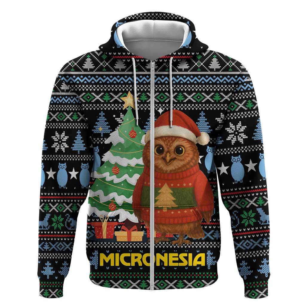 Micronesia Christmas Zip Hoodie with Santa Owl Christmas Tree Gifts and Snowflake - Wonder Print Shop
