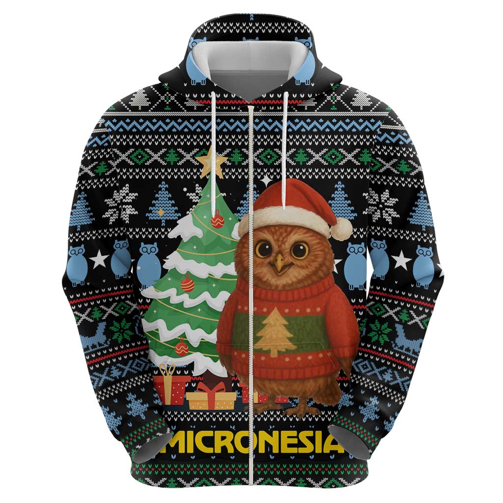 Micronesia Christmas Zip Hoodie with Santa Owl Christmas Tree Gifts and Snowflake - Wonder Print Shop