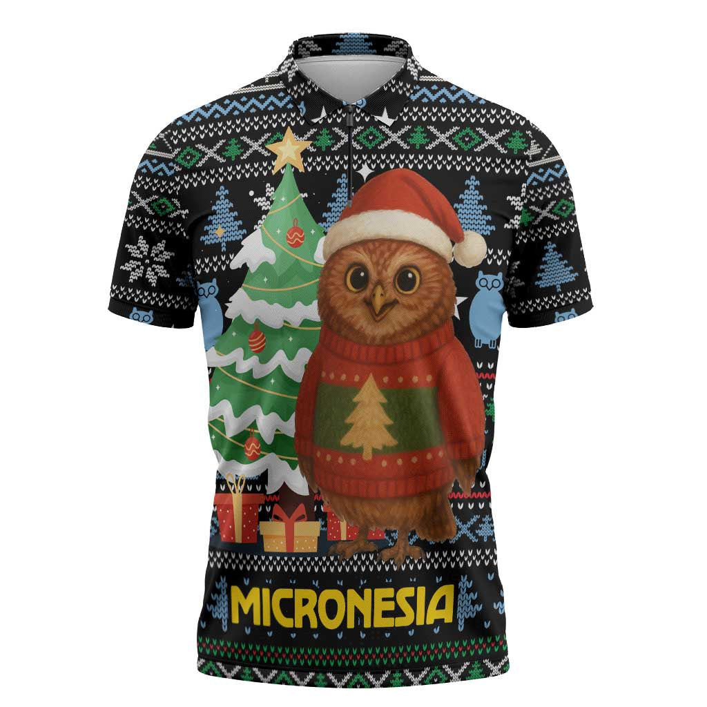 Micronesia Christmas Zipper Polo Shirt with Santa Owl Christmas Tree Gifts and Snowflake - Wonder Print Shop