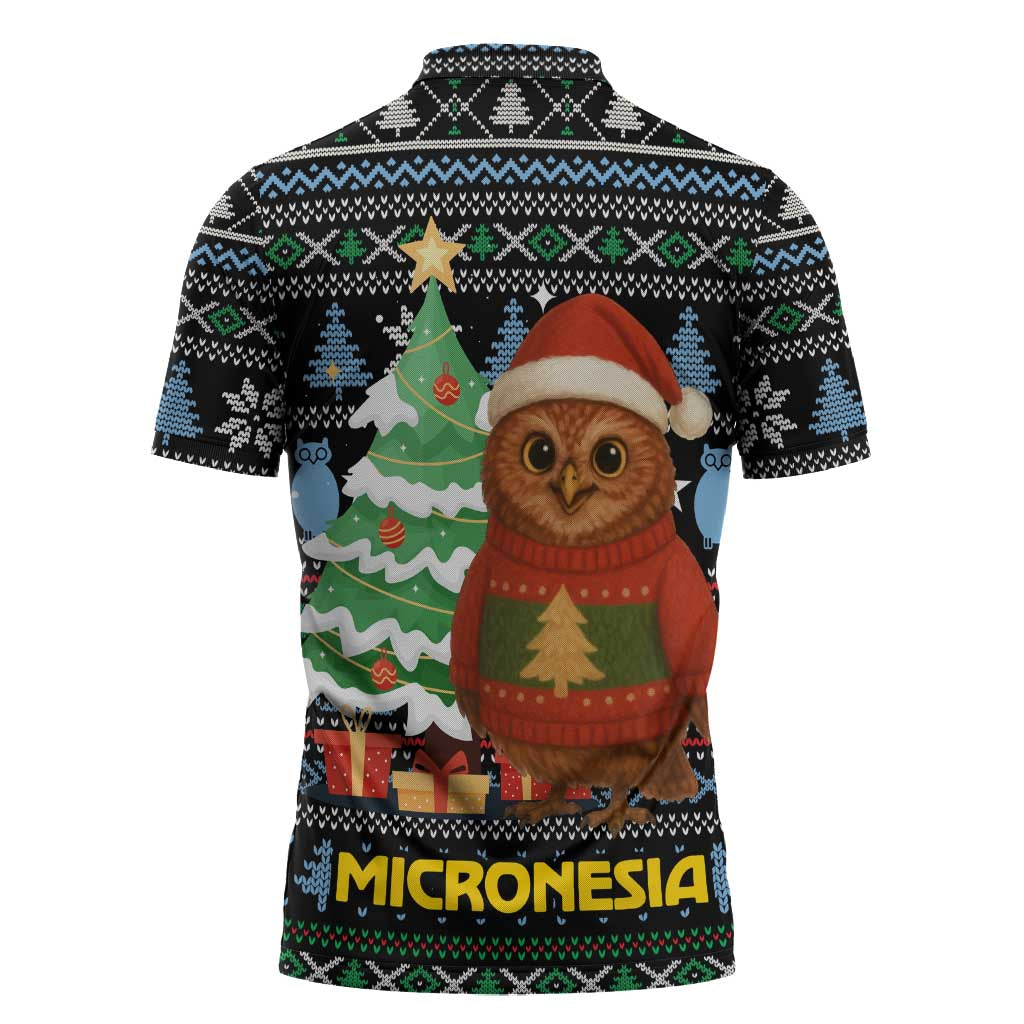 Micronesia Christmas Zipper Polo Shirt with Santa Owl Christmas Tree Gifts and Snowflake - Wonder Print Shop