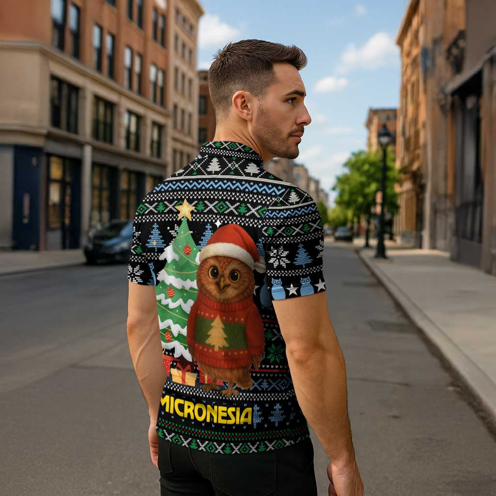 Micronesia Christmas Zipper Polo Shirt with Santa Owl Christmas Tree Gifts and Snowflake - Wonder Print Shop