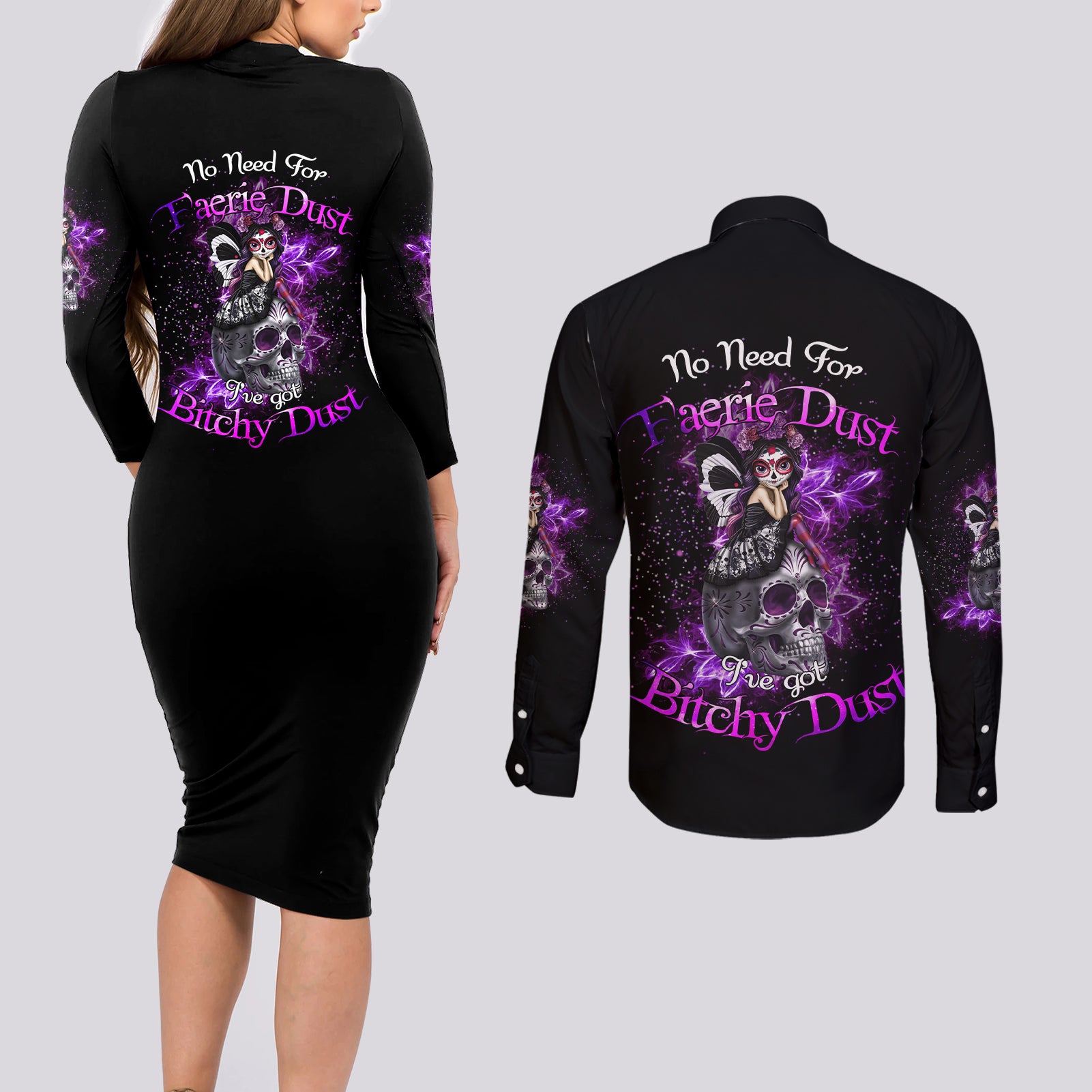 I've Got B Dust Couples Matching Long Sleeve Bodycon Dress and Long Sleeve Button Shirt - Wonder Print Shop