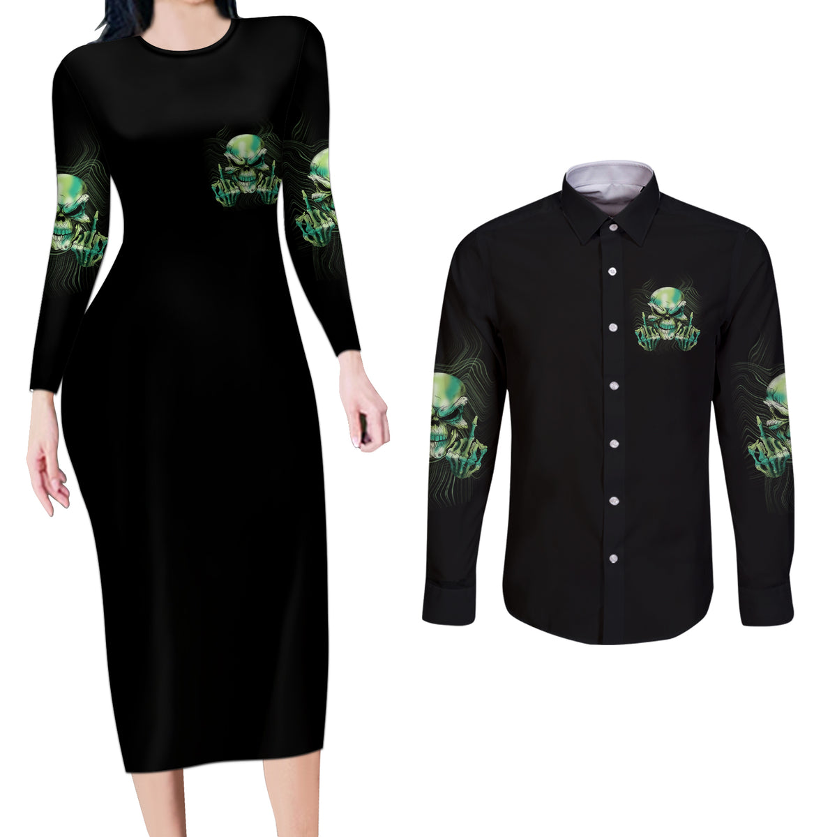 My Give A F Madly Skull Couples Matching Long Sleeve Bodycon Dress and Long Sleeve Button Shirt - Wonder Print Shop