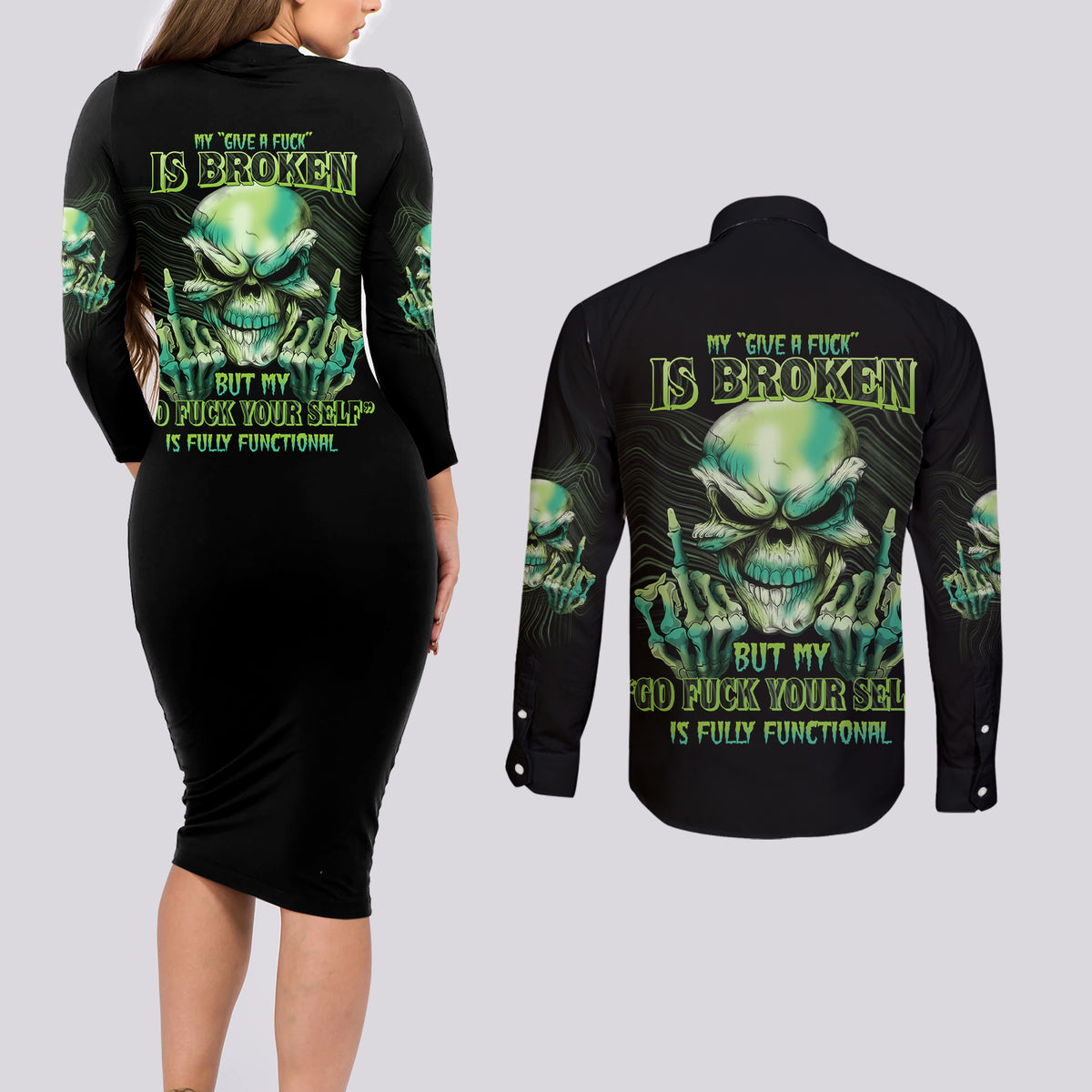 My Give A F Madly Skull Couples Matching Long Sleeve Bodycon Dress and Long Sleeve Button Shirt - Wonder Print Shop