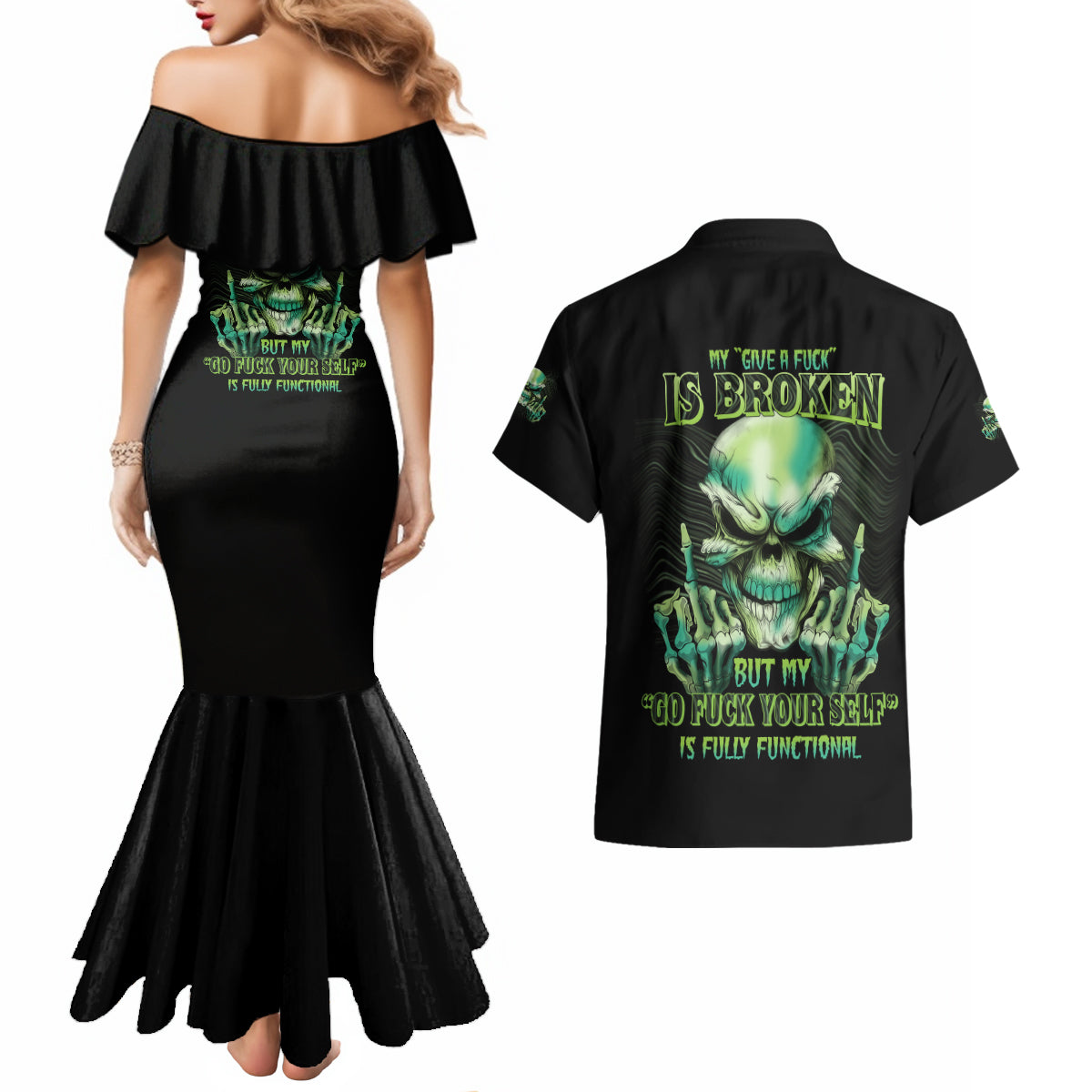 My Give A F Madly Skull Couples Matching Mermaid Dress and Hawaiian Shirt - Wonder Print Shop