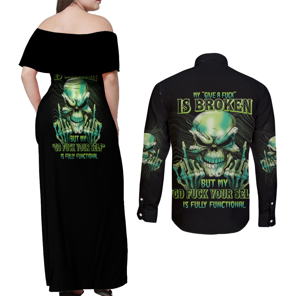My Give A F Madly Skull Couples Matching Off Shoulder Maxi Dress and Long Sleeve Button Shirt - Wonder Print Shop