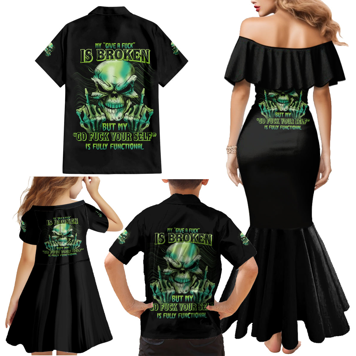 My Give A F Madly Skull Family Matching Mermaid Dress and Hawaiian Shirt - Wonder Print Shop