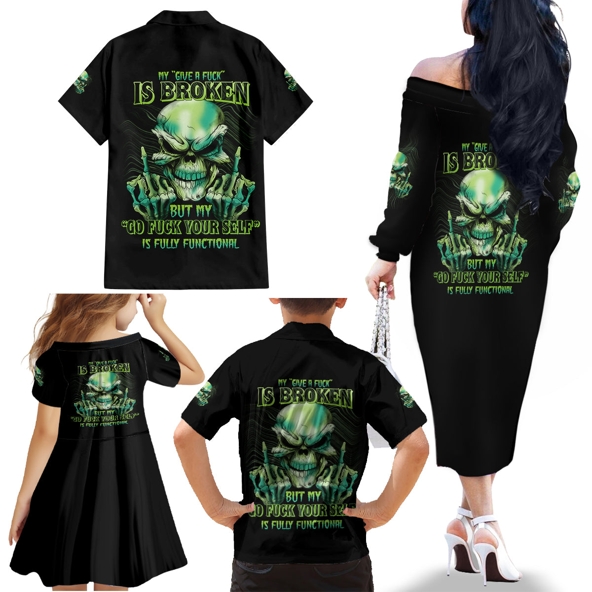 My Give A F Madly Skull Family Matching Off Shoulder Long Sleeve Dress and Hawaiian Shirt - Wonder Print Shop