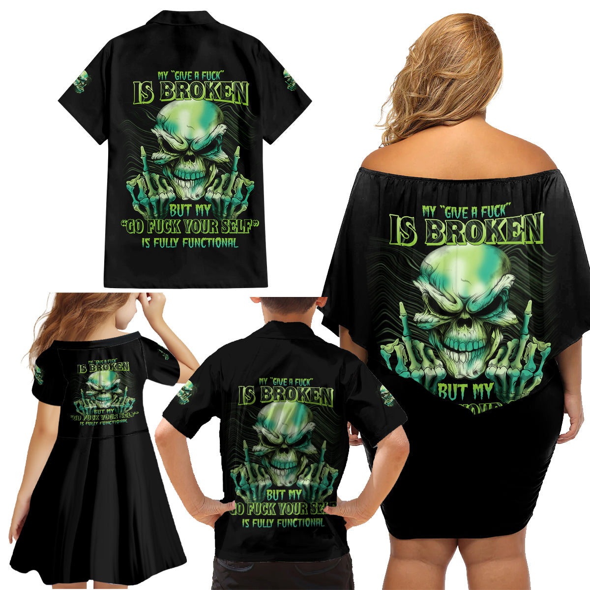 My Give A F Madly Skull Family Matching Off Shoulder Short Dress and Hawaiian Shirt - Wonder Print Shop