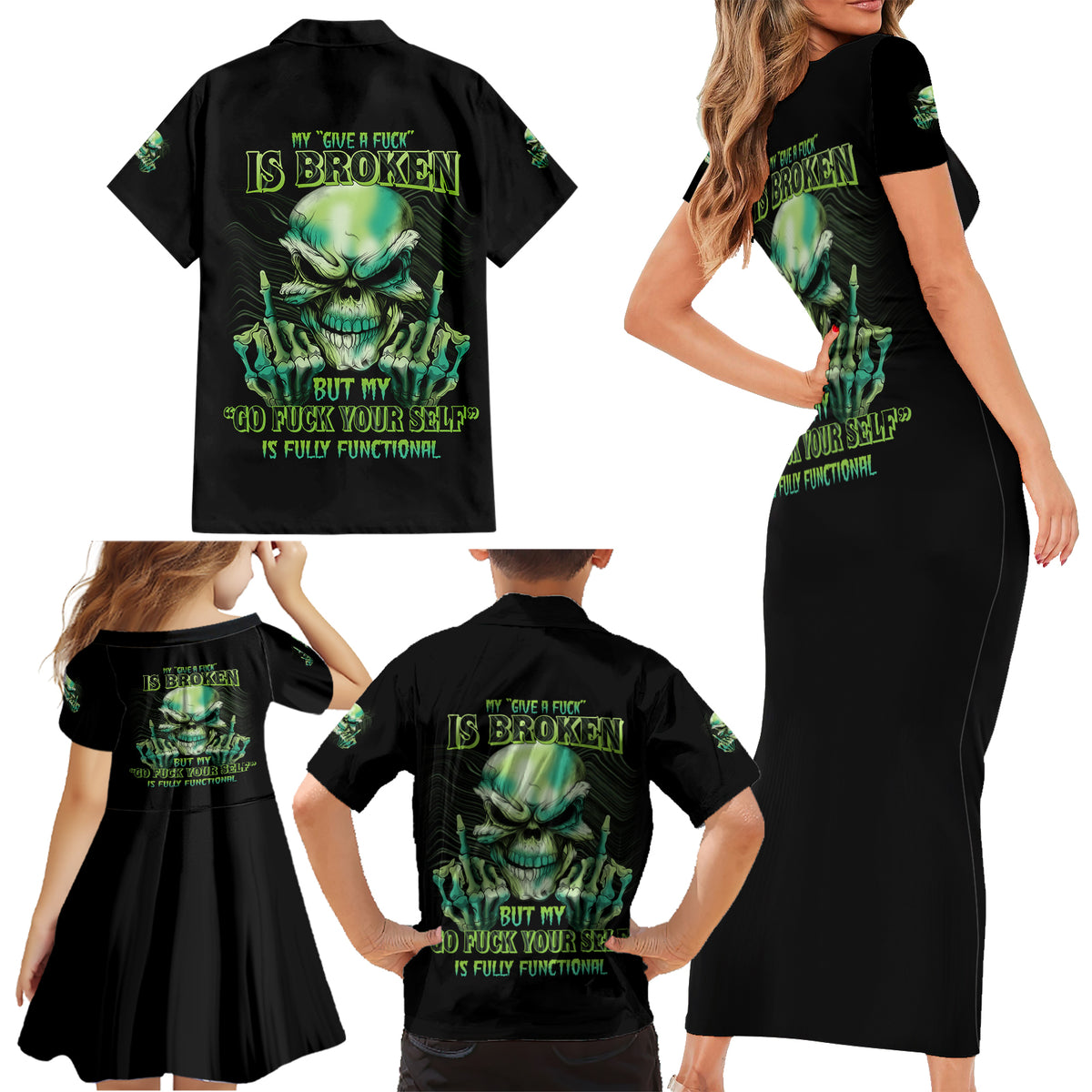 My Give A F Madly Skull Family Matching Short Sleeve Bodycon Dress and Hawaiian Shirt - Wonder Print Shop