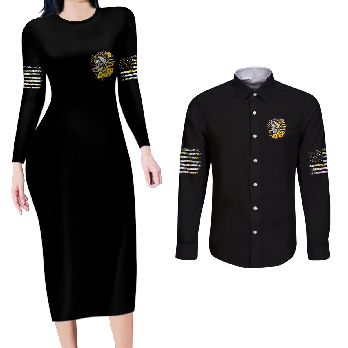 A Little Sunshine A Little Savage Skull Couples Matching Long Sleeve Bodycon Dress and Long Sleeve Button Shirt - Wonder Print Shop