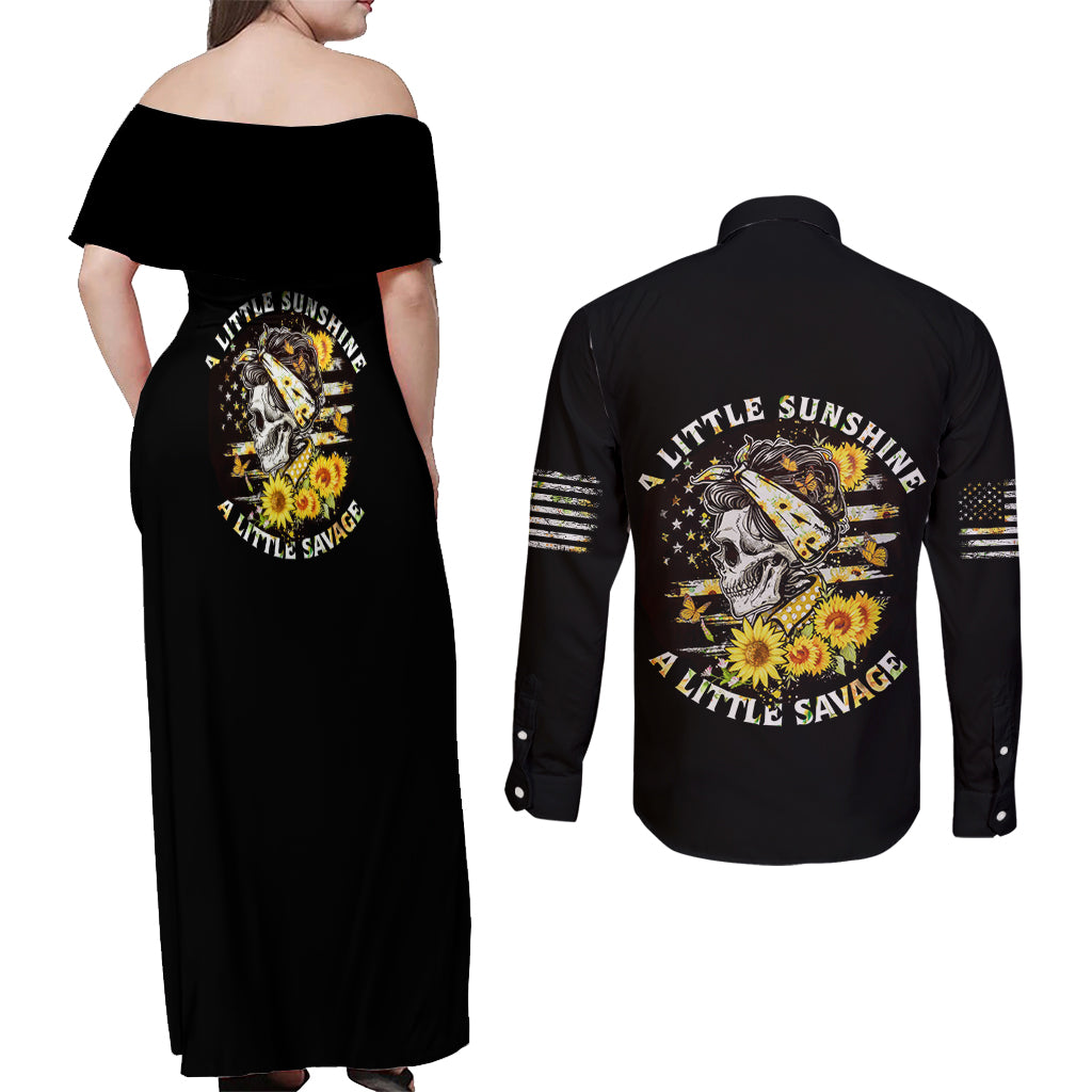 A Little Sunshine A Little Savage Skull Couples Matching Off Shoulder Maxi Dress and Long Sleeve Button Shirt - Wonder Print Shop