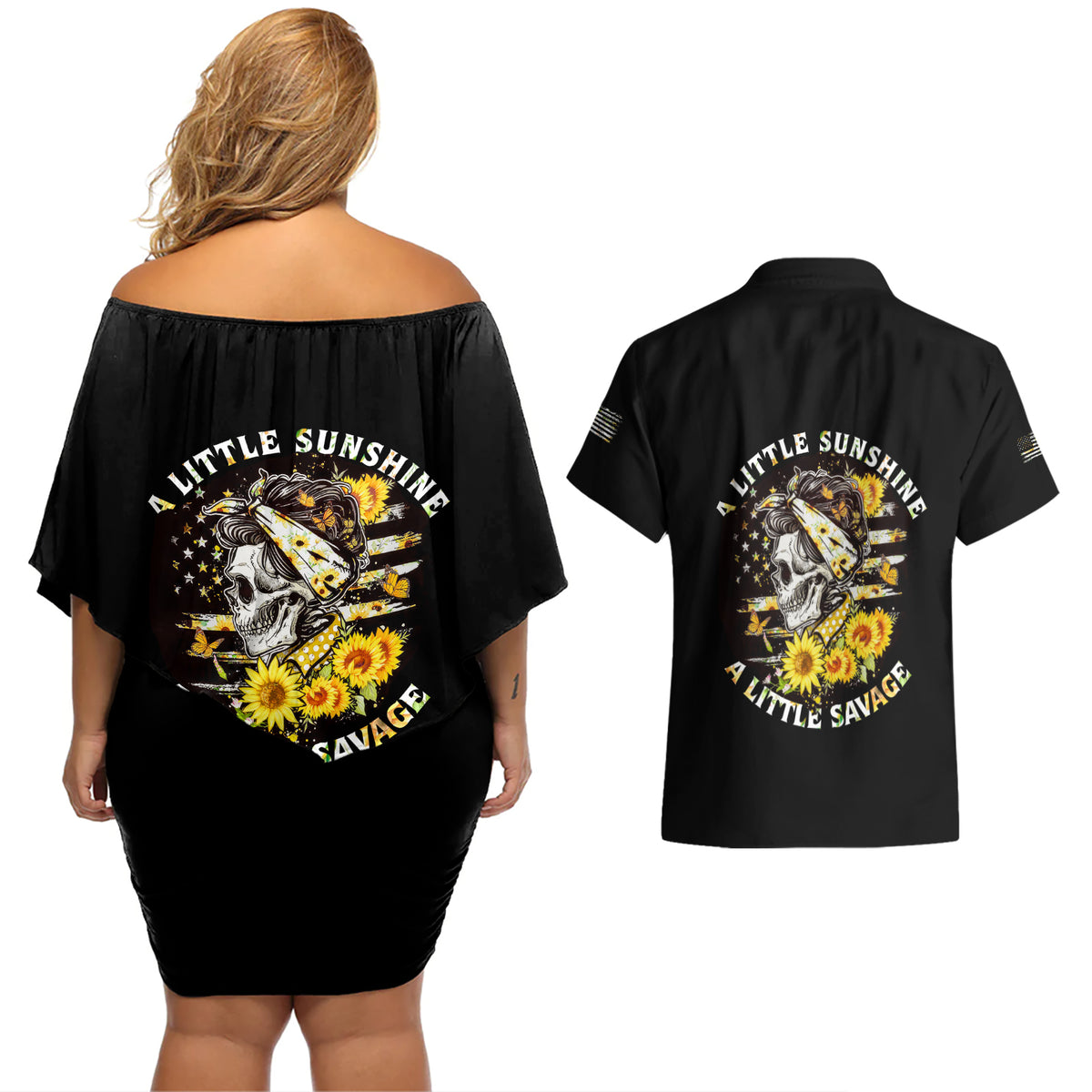 A Little Sunshine A Little Savage Skull Couples Matching Off Shoulder Short Dress and Hawaiian Shirt - Wonder Print Shop