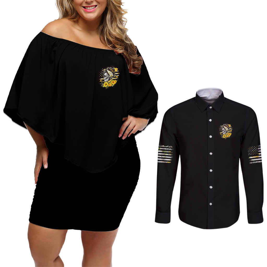 A Little Sunshine A Little Savage Skull Couples Matching Off Shoulder Short Dress and Long Sleeve Button Shirt - Wonder Print Shop
