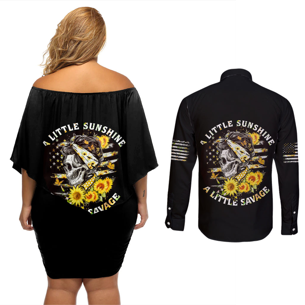 A Little Sunshine A Little Savage Skull Couples Matching Off Shoulder Short Dress and Long Sleeve Button Shirt - Wonder Print Shop
