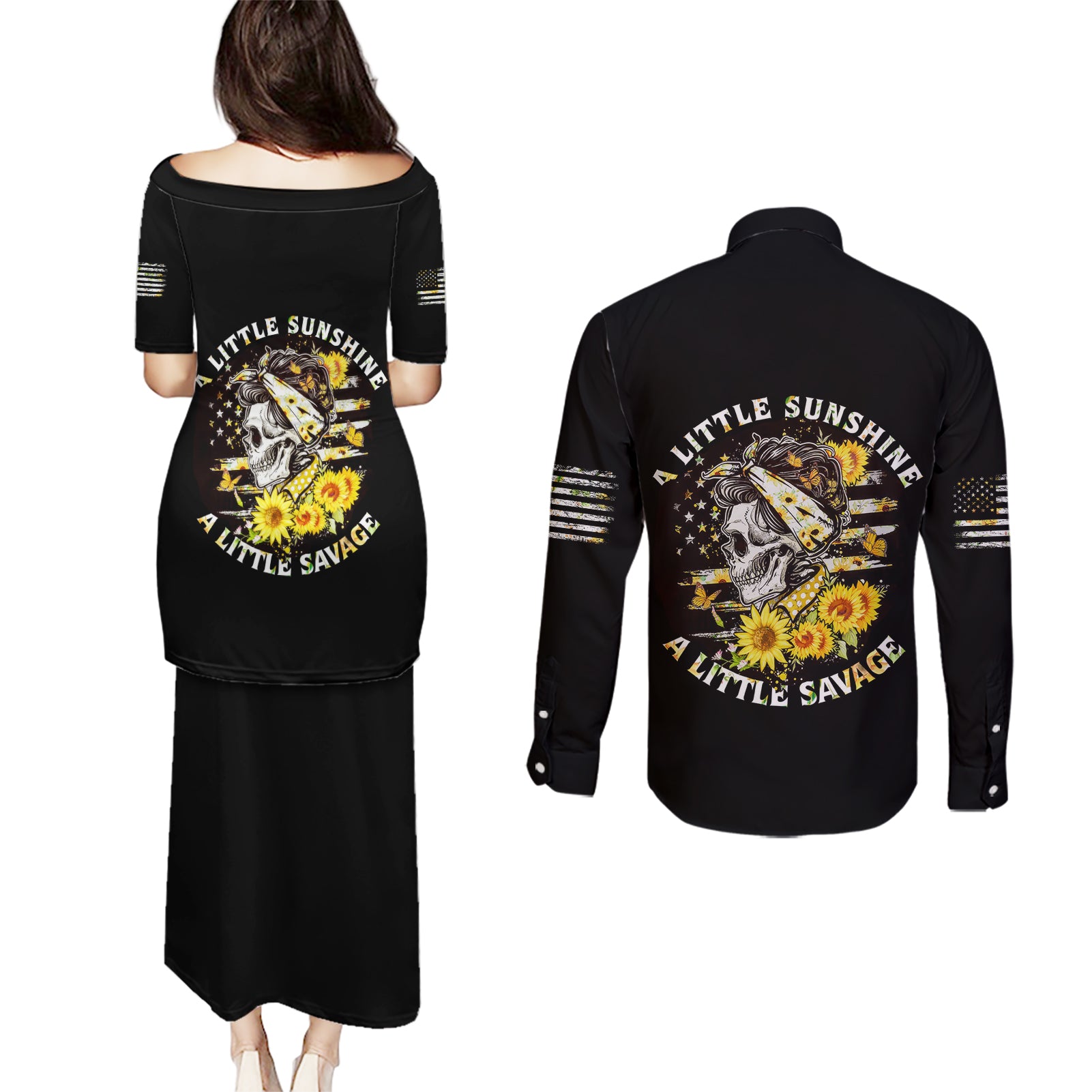 A Little Sunshine A Little Savage Skull Couples Matching Puletasi Dress and Long Sleeve Button Shirt - Wonder Print Shop
