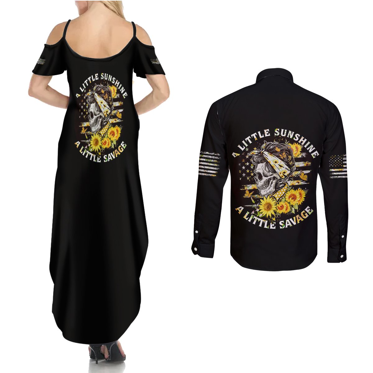 A Little Sunshine A Little Savage Skull Couples Matching Summer Maxi Dress and Long Sleeve Button Shirt - Wonder Print Shop