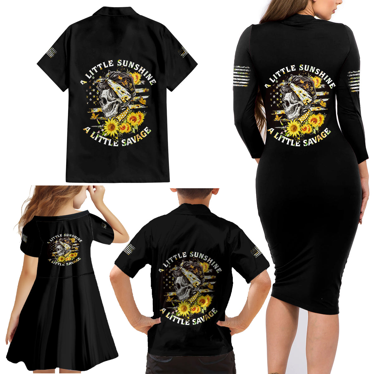 A Little Sunshine A Little Savage Skull Family Matching Long Sleeve Bodycon Dress and Hawaiian Shirt - Wonder Print Shop