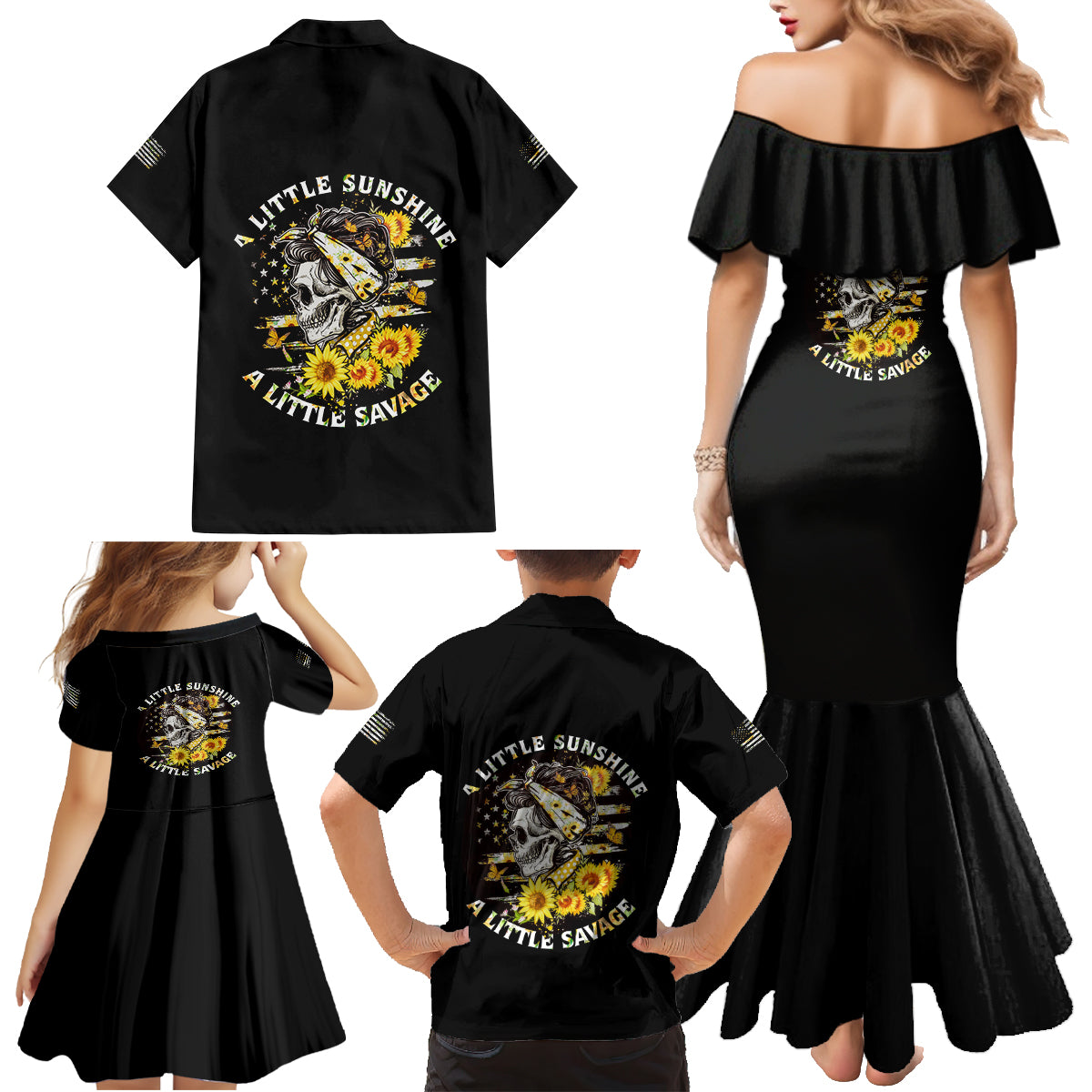 A Little Sunshine A Little Savage Skull Family Matching Mermaid Dress and Hawaiian Shirt - Wonder Print Shop