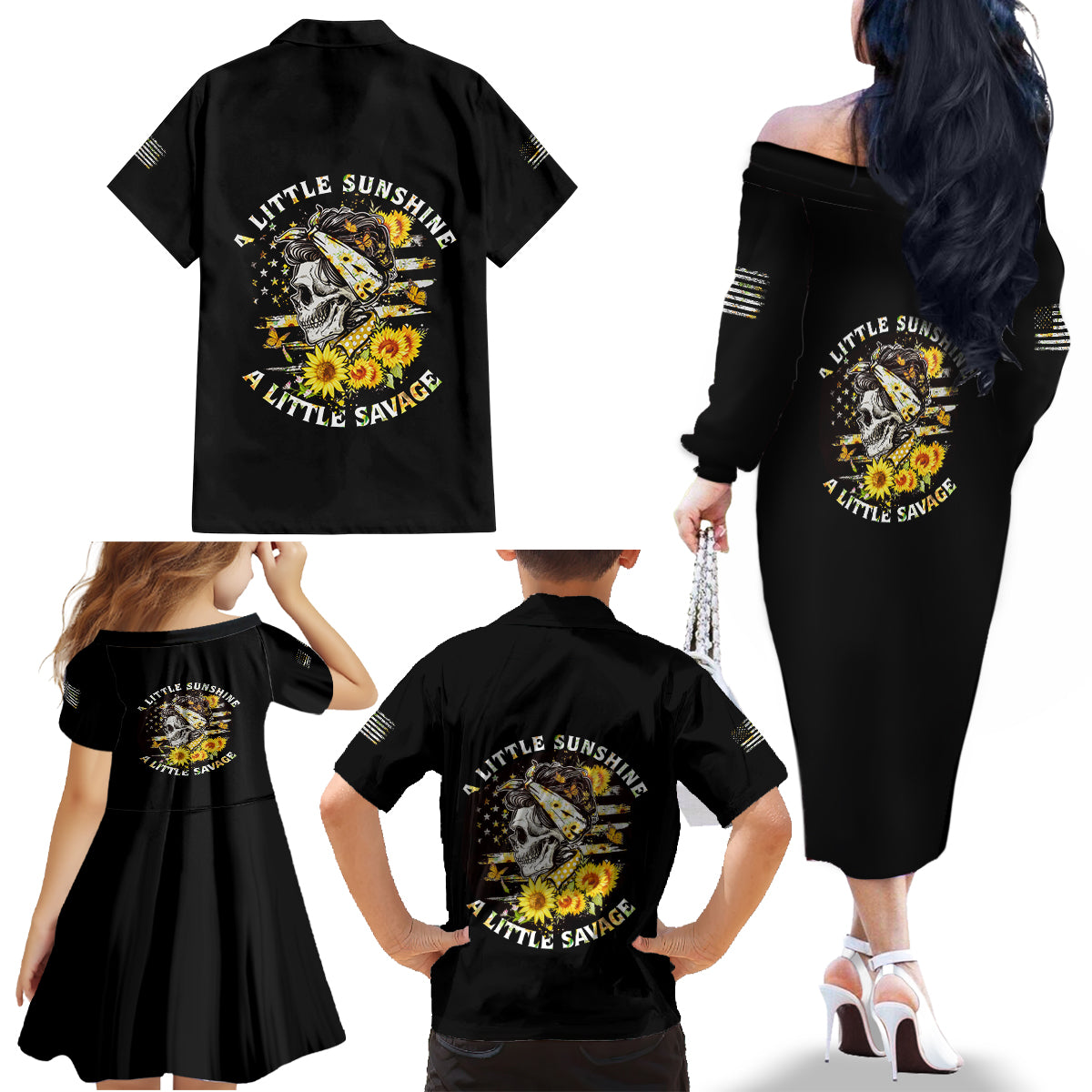 A Little Sunshine A Little Savage Skull Family Matching Off Shoulder Long Sleeve Dress and Hawaiian Shirt - Wonder Print Shop