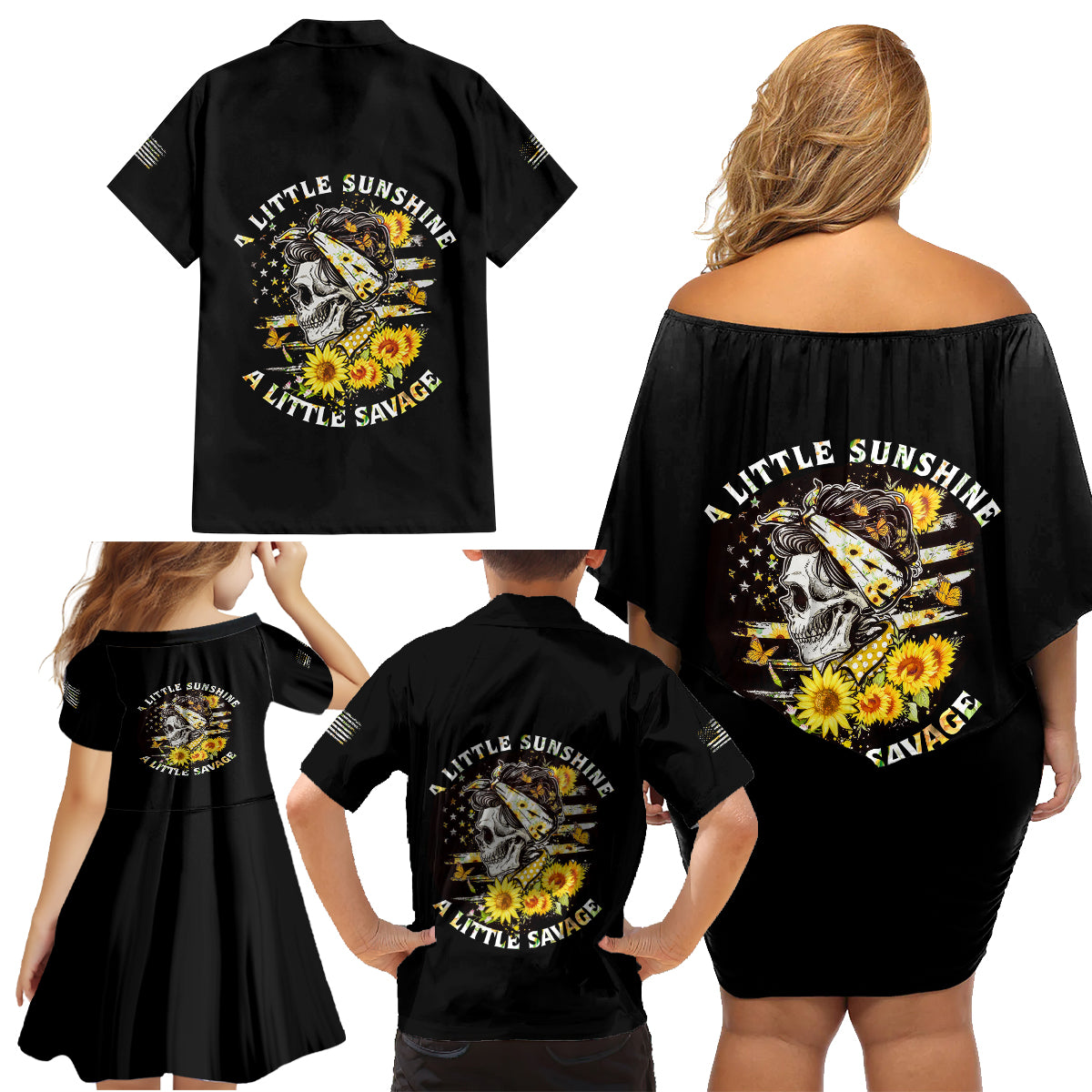 A Little Sunshine A Little Savage Skull Family Matching Off Shoulder Short Dress and Hawaiian Shirt - Wonder Print Shop