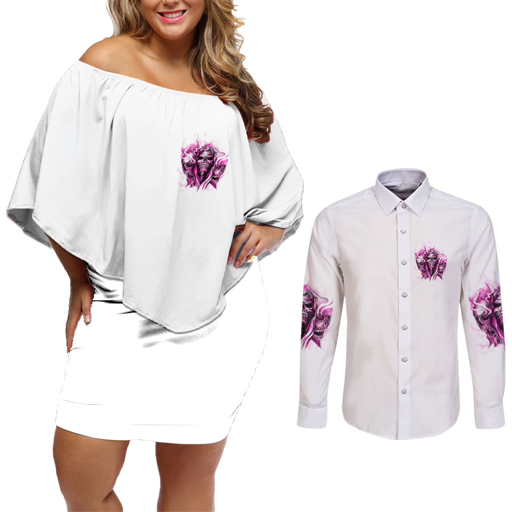Always A Strong Women Skull Couples Matching Off Shoulder Short Dress and Long Sleeve Button Shirt - Wonder Print Shop