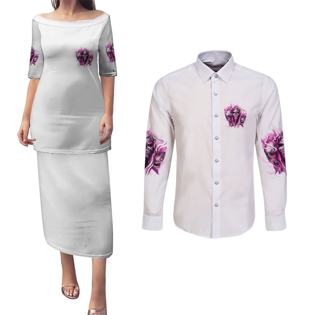 Always A Strong Women Skull Couples Matching Puletasi Dress and Long Sleeve Button Shirt - Wonder Print Shop