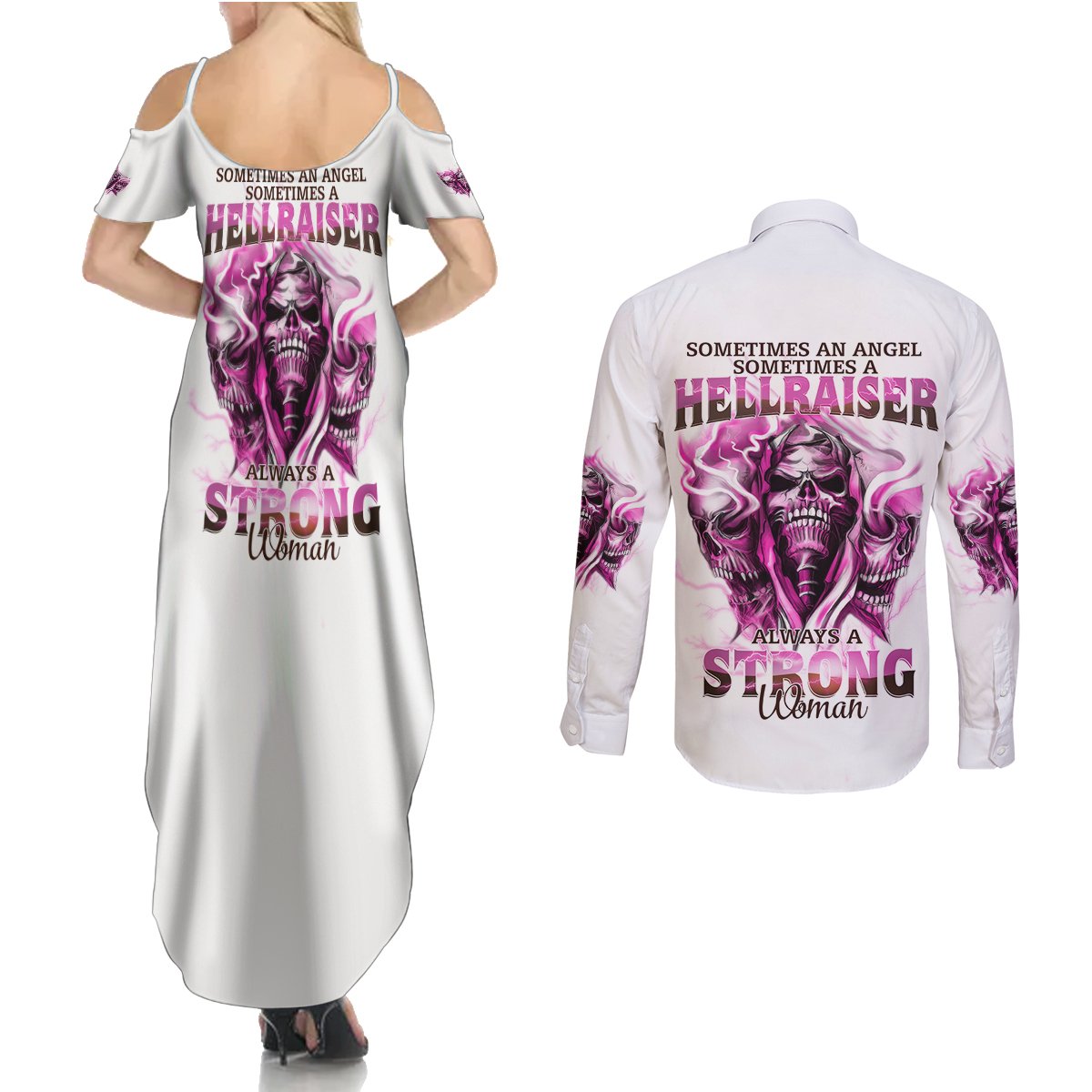 Always A Strong Women Skull Couples Matching Summer Maxi Dress and Long Sleeve Button Shirt - Wonder Print Shop