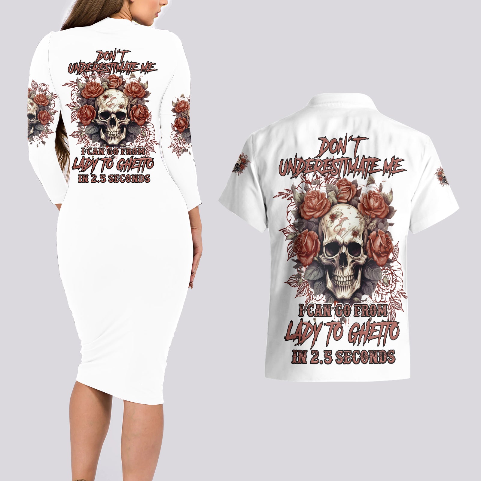 Don't Underestimate Me Couples Matching Long Sleeve Bodycon Dress and Hawaiian Shirt - Wonder Print Shop