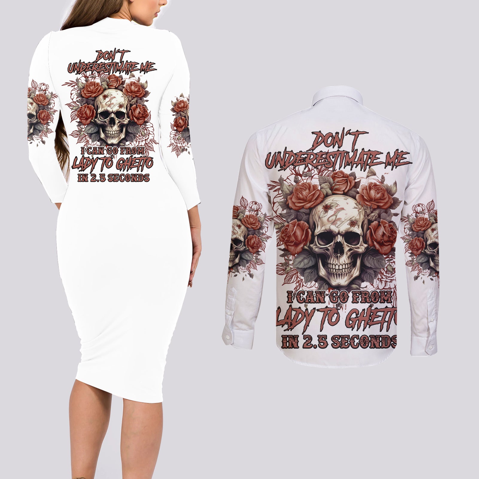Don't Underestimate Me Couples Matching Long Sleeve Bodycon Dress and Long Sleeve Button Shirt - Wonder Print Shop