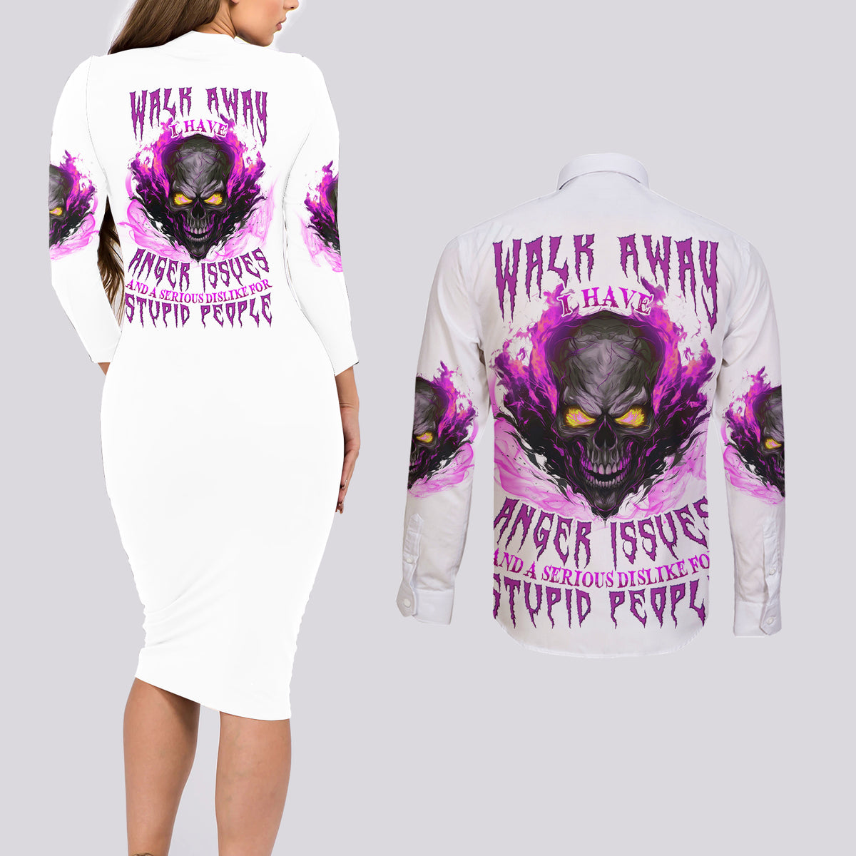 Walk Away Fire Eyes Skull Couples Matching Long Sleeve Bodycon Dress and Long Sleeve Button Shirt - Wonder Print Shop