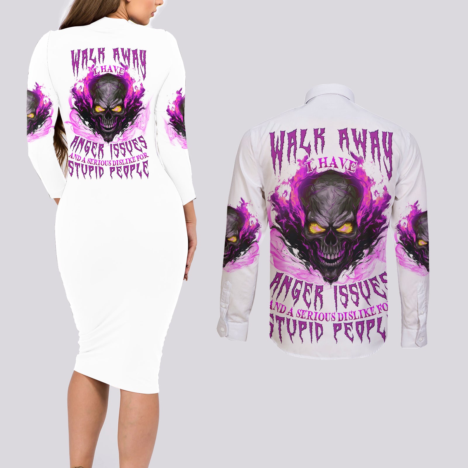 Walk Away Fire Eyes Skull Couples Matching Long Sleeve Bodycon Dress and Long Sleeve Button Shirt - Wonder Print Shop