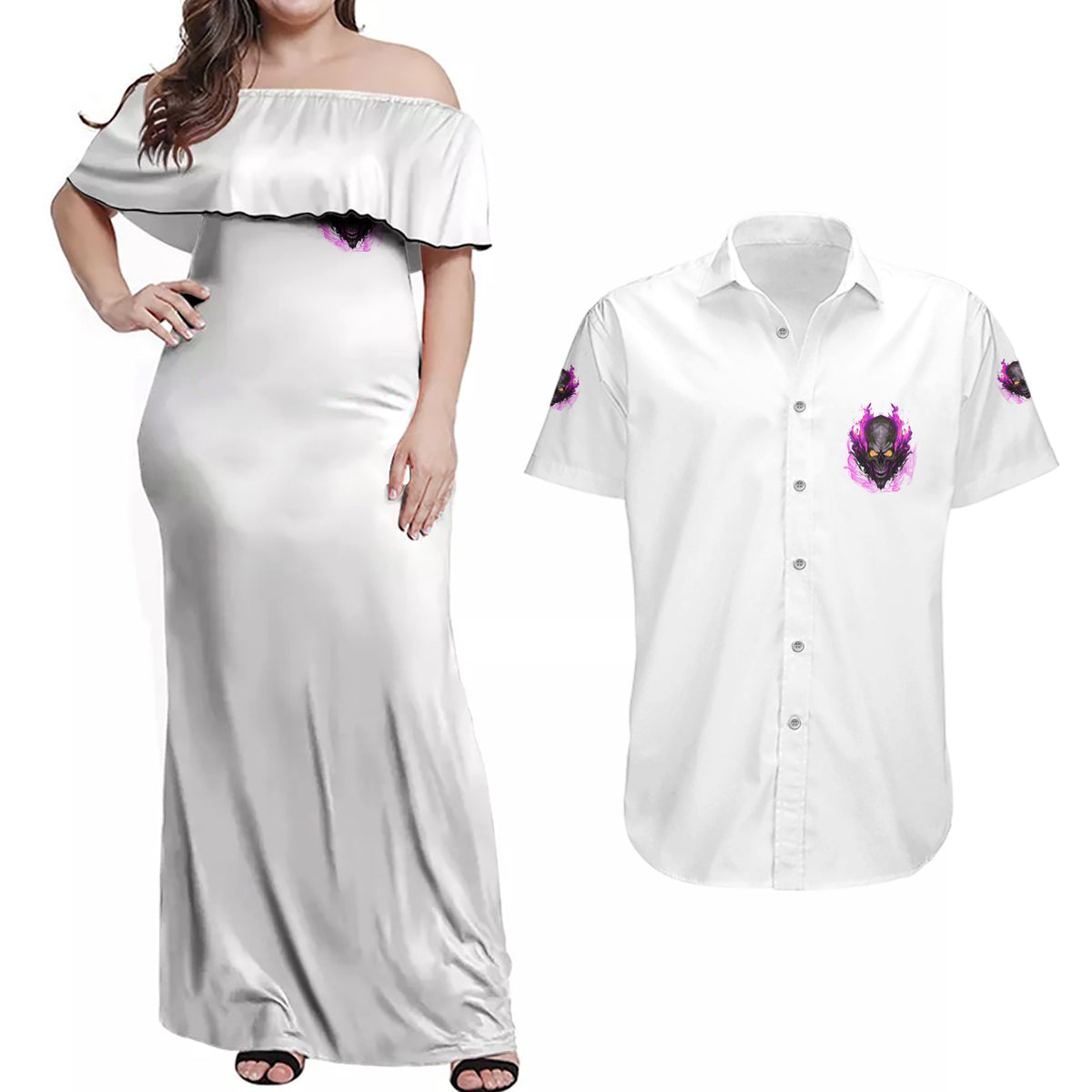 Walk Away Fire Eyes Skull Couples Matching Off Shoulder Maxi Dress and Hawaiian Shirt - Wonder Print Shop