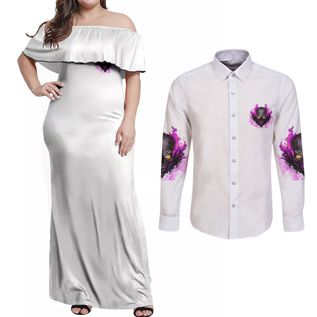Walk Away Fire Eyes Skull Couples Matching Off Shoulder Maxi Dress and Long Sleeve Button Shirt - Wonder Print Shop