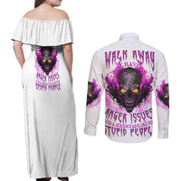 Walk Away Fire Eyes Skull Couples Matching Off Shoulder Maxi Dress and Long Sleeve Button Shirt - Wonder Print Shop