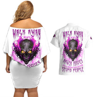 Walk Away Fire Eyes Skull Couples Matching Off Shoulder Short Dress and Hawaiian Shirt - Wonder Print Shop
