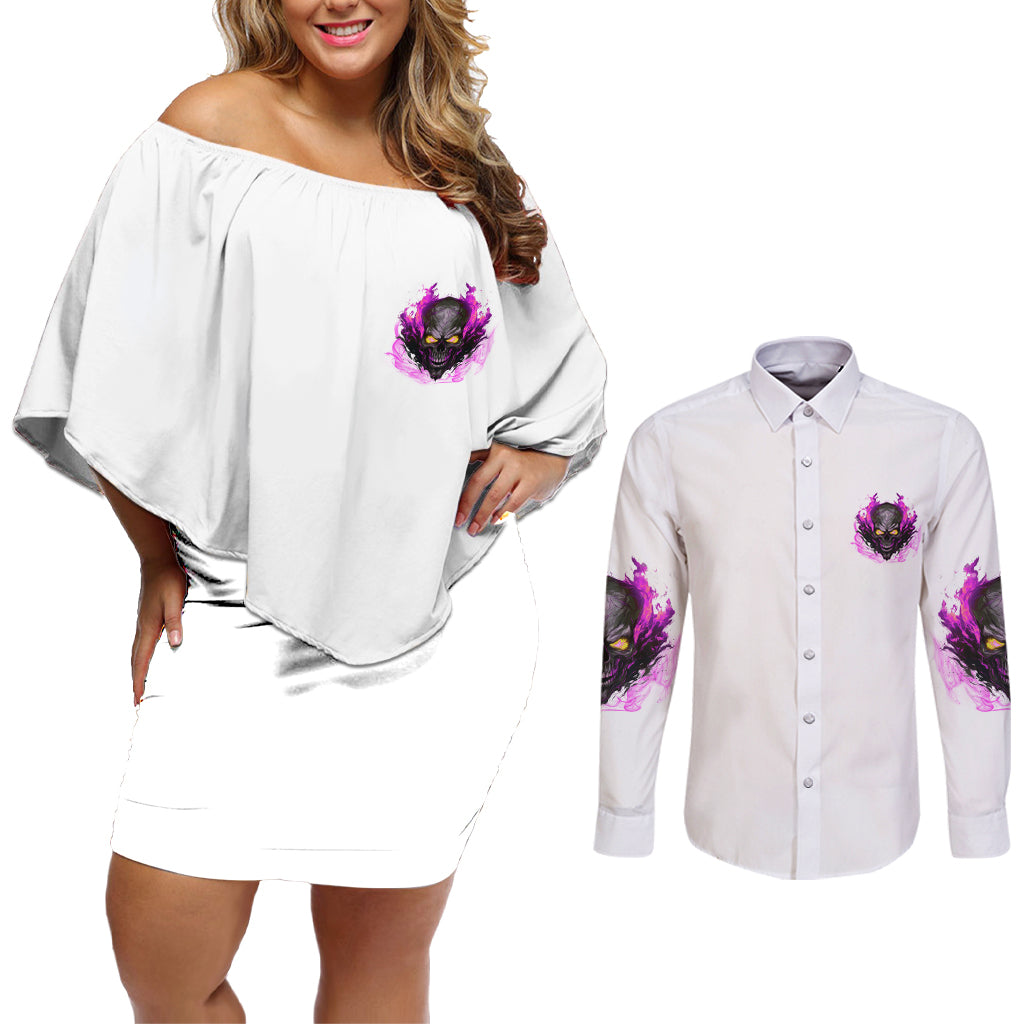 Walk Away Fire Eyes Skull Couples Matching Off Shoulder Short Dress and Long Sleeve Button Shirt - Wonder Print Shop