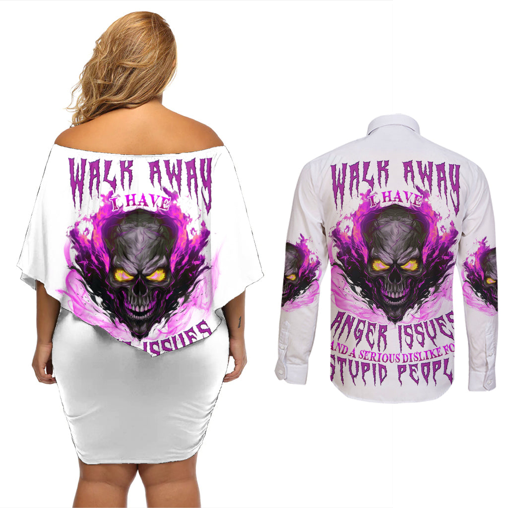 Walk Away Fire Eyes Skull Couples Matching Off Shoulder Short Dress and Long Sleeve Button Shirt - Wonder Print Shop