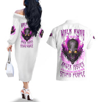Walk Away Fire Eyes Skull Couples Matching Off The Shoulder Long Sleeve Dress and Hawaiian Shirt - Wonder Print Shop