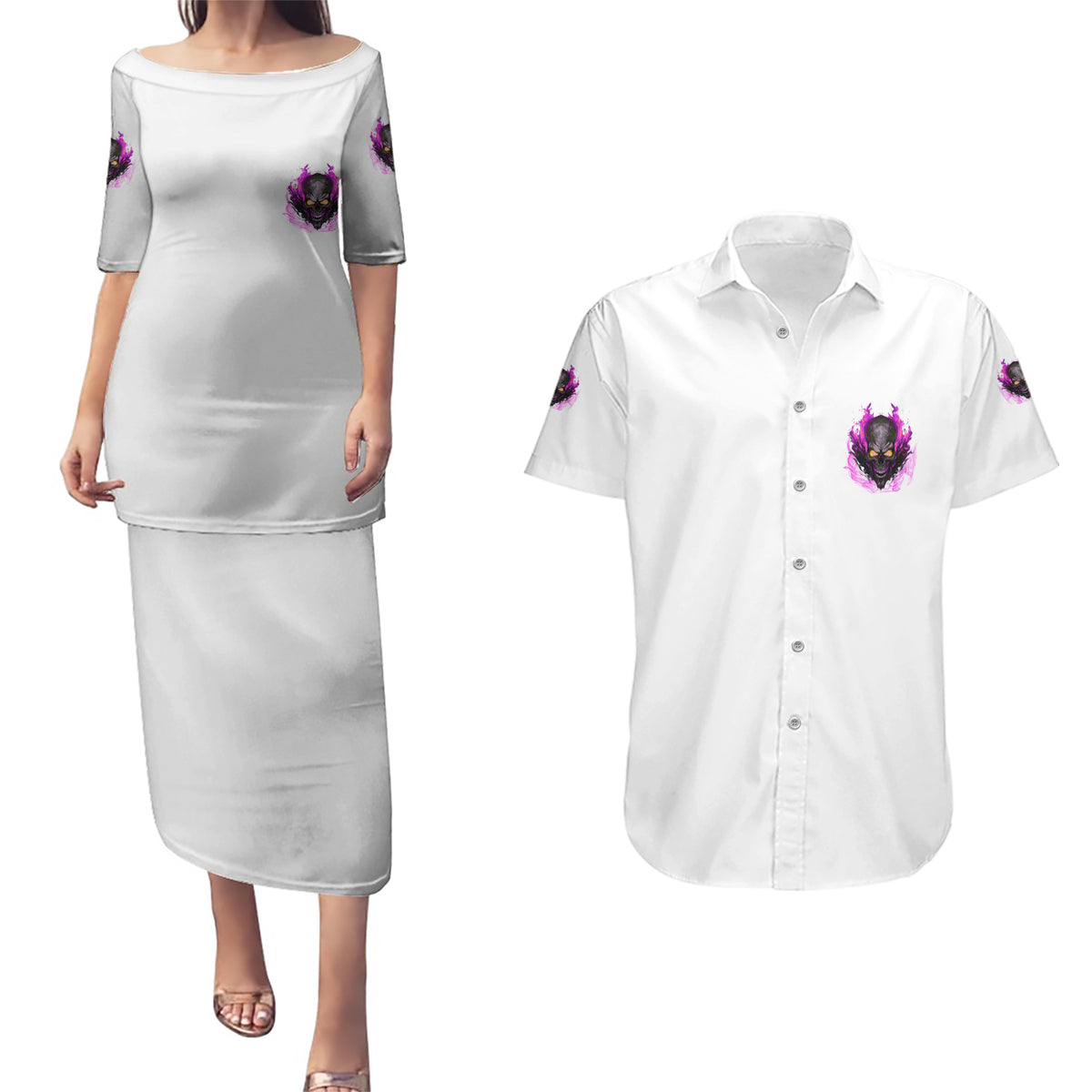Walk Away Fire Eyes Skull Couples Matching Puletasi Dress and Hawaiian Shirt - Wonder Print Shop