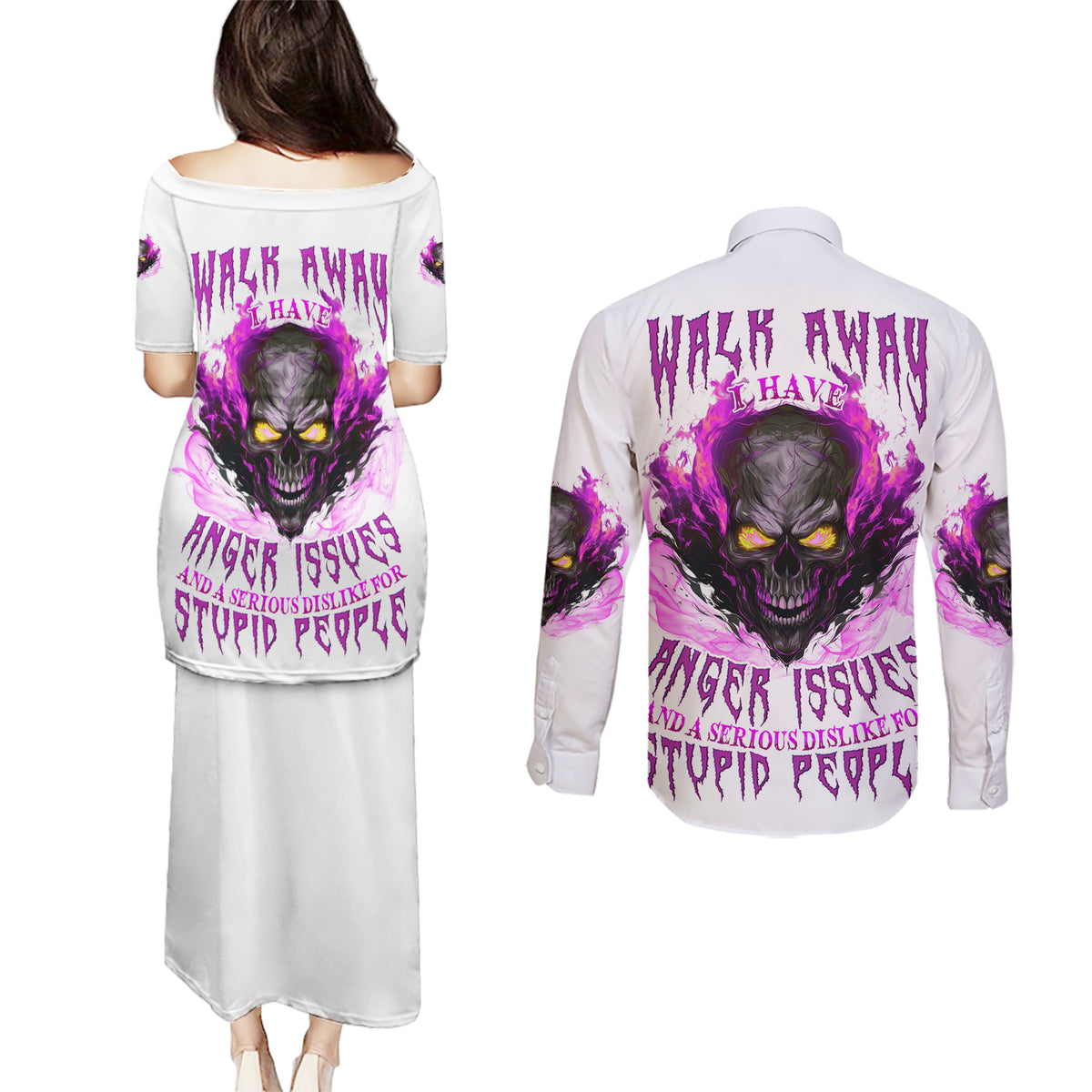 Walk Away Fire Eyes Skull Couples Matching Puletasi Dress and Long Sleeve Button Shirt - Wonder Print Shop