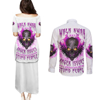 Walk Away Fire Eyes Skull Couples Matching Puletasi Dress and Long Sleeve Button Shirt - Wonder Print Shop