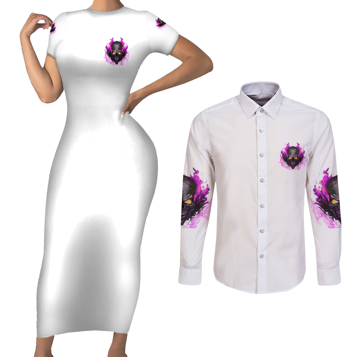 Walk Away Fire Eyes Skull Couples Matching Short Sleeve Bodycon Dress and Long Sleeve Button Shirt - Wonder Print Shop