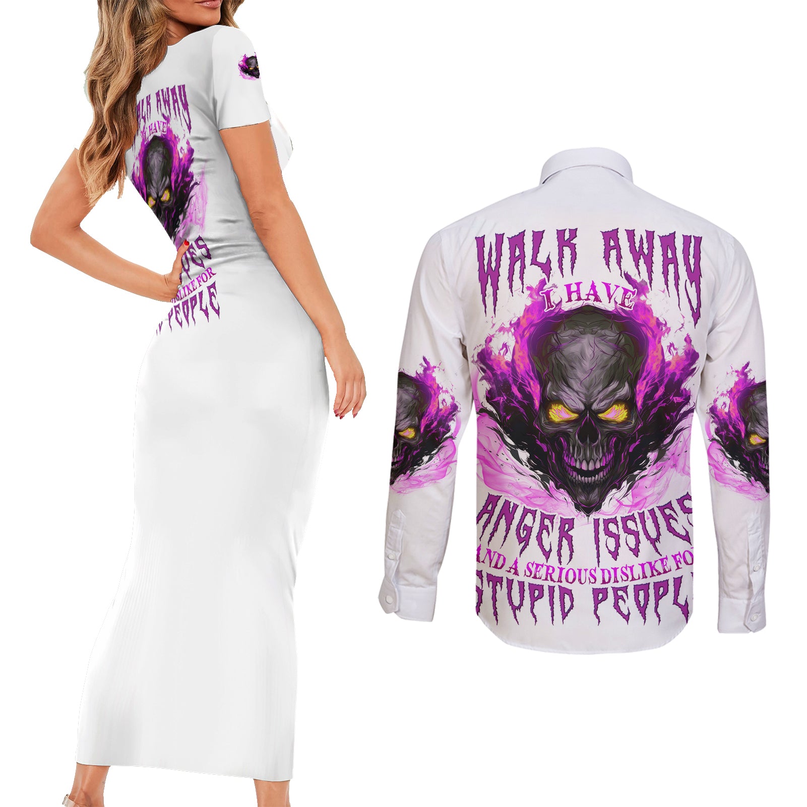 Walk Away Fire Eyes Skull Couples Matching Short Sleeve Bodycon Dress and Long Sleeve Button Shirt - Wonder Print Shop